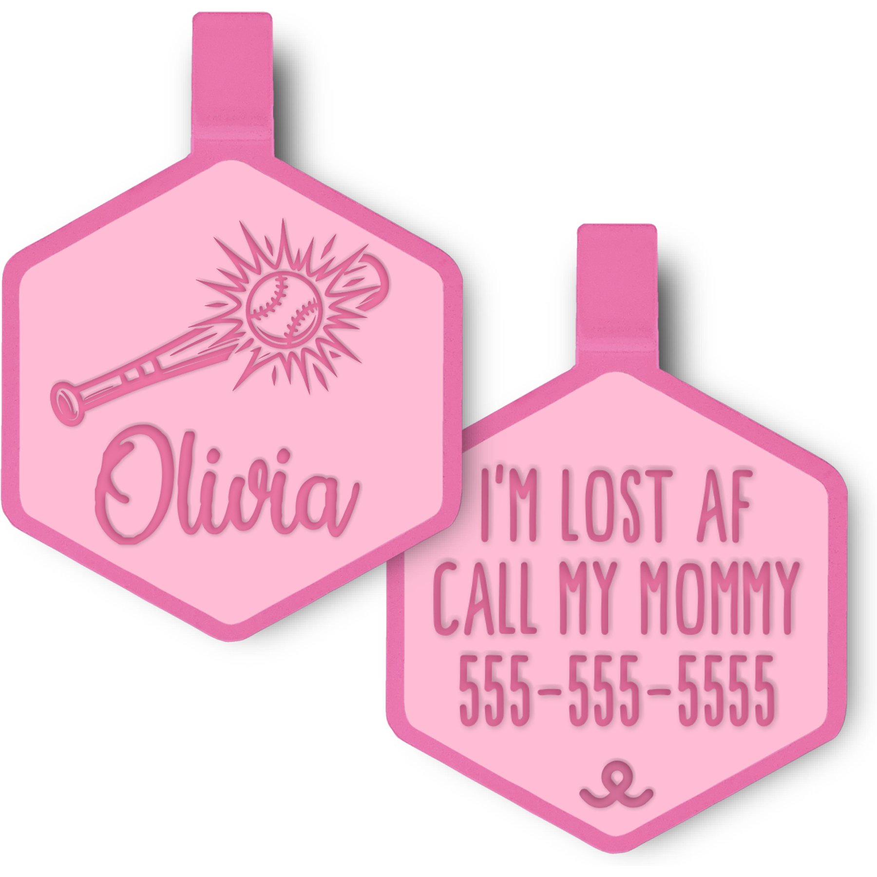 Besties Play Ball Baseball Jingle-Free Silicone Dog ID Tag, Flamingo Pink