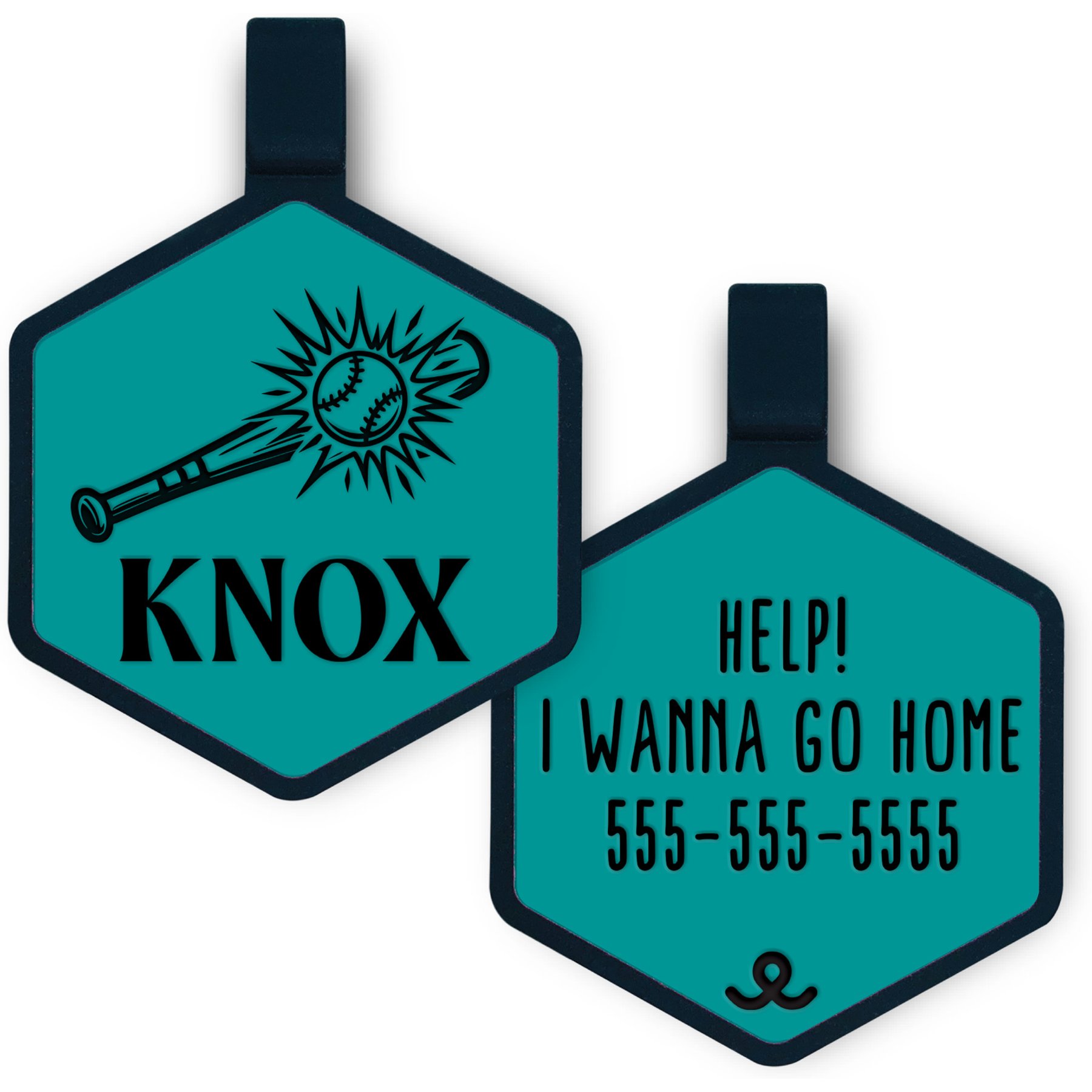 Besties Play Ball Baseball Jingle-Free Silicone Dog ID Tag, Turquoise