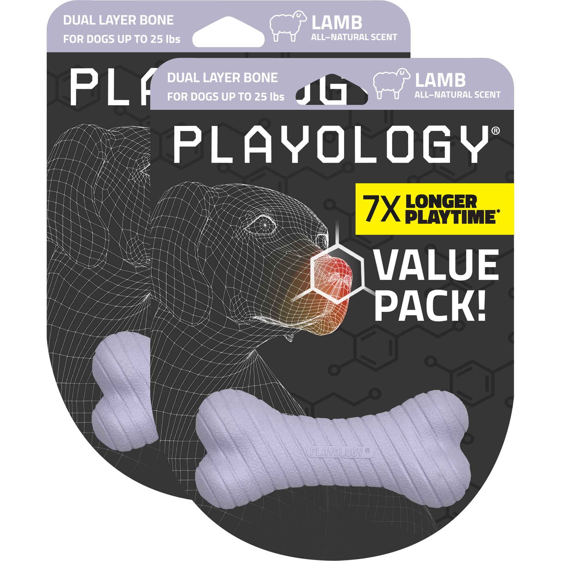 Playology Lamb Scented Dual Layer Bone Dog Toy, Small, 2 count