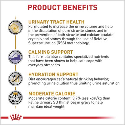 Show full view: Royal Canin Veterinary Diet Multifunction Urinary + Calm Thin Slices in Gravy Wet Cat Food, 3-oz can, case of 24 slide 3 of 11