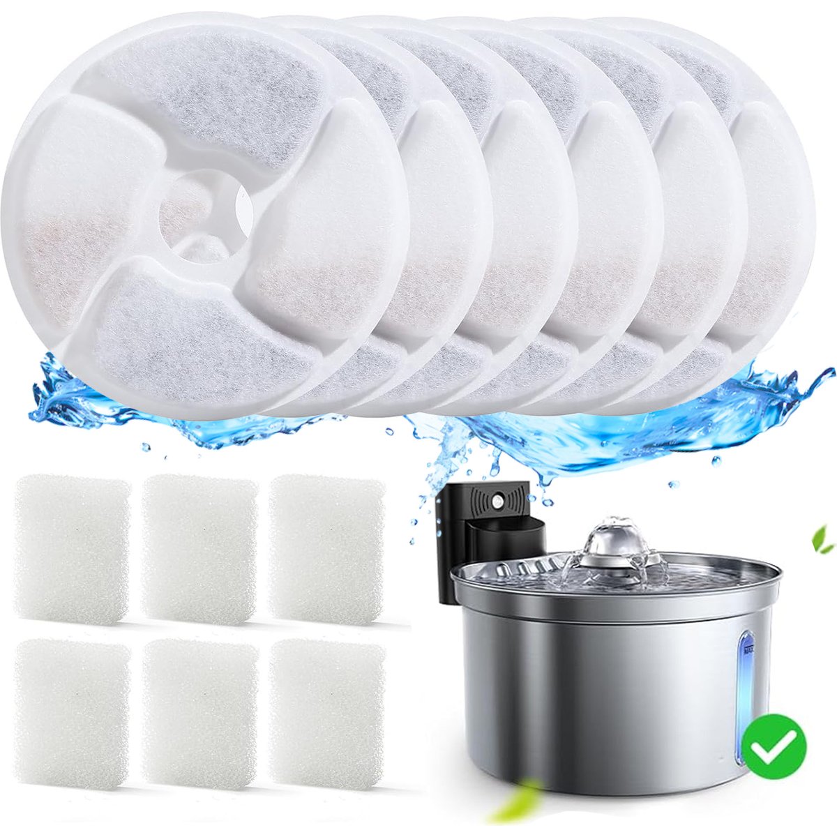 Casfuy SY-W19 Cat Water Fountain Replacement Filters & Pre-Filter Sponges, 6 Count