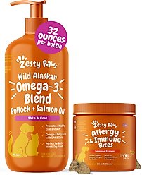 Zesty Paws Wild Alaskan Salmon Oil Formula Liquid Skin & Coat Supplement, 32-oz bottle + Allergy Immune Bites Lamb Flavored Soft Chews Immune System & Allergy Supplement for Dogs, 90 count
