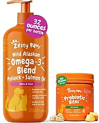 Zesty Paws Wild Alaskan Salmon Oil Formula Liquid Skin & Coat Supplement, 32-oz bottle + Probiotic Bites Pumpkin Flavored Soft Chews Gut Flora & Digestive Supplement for Dogs, 90 count