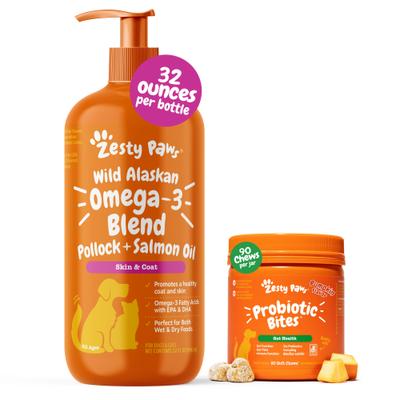 Show full view: Zesty Paws Wild Alaskan Salmon Oil Formula Liquid Skin & Coat Supplement, 32-oz bottle + Probiotic Bites Pumpkin Flavored Soft Chews Gut Flora & Digestive Supplement for Dogs, 90 count slide 1 of 9