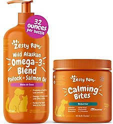 Zesty Paws Wild Alaskan Salmon Oil Formula Liquid Skin & Coat Supplement, 32-oz bottle + Hemp Calming Bites Peanut Butter Flavored Soft Chews Composure & Relaxation Supplement for Dogs, 90 count