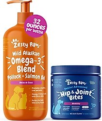 Zesty Paws Wild Alaskan Salmon Oil Formula Liquid Skin & Coat Supplement, 32-oz bottle + Advanced Mobility Bites Chicken Flavored Soft Chews Glucosamine Hip & Joint Supplement for Senior Dogs, 90 count