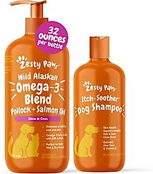 Zesty Paws Wild Alaskan Salmon Oil Formula Liquid Skin & Coat Supplement, 32-fl oz bottle + Itch Soother Oatmeal & Aloe Vera Skin Moisture & Shiny Coats Vanilla Bean Scent Dog Shampoo
