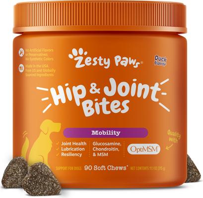 Show full view: Zesty Paws Wild Alaskan Salmon Oil Formula Liquid Skin & Coat Supplement, 32-oz bottle + Hip & Joint Mobility Bites Duck Flavored Soft Chews Glucosamine Supplement for Dogs, 90 count slide 6 of 9
