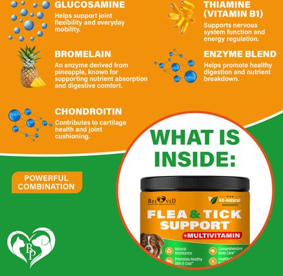 Show full view: Beloved Pets Natural Flea & Tick Support + Complex Multivitamin Chicken Flavored Soft Chew for Skin & Coat Supplement for Dogs, 10-oz jar slide 4 of 7