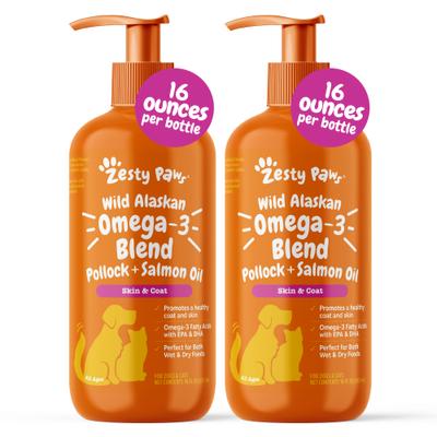 Show full view: Zesty Paws Wild Alaskan Omega-3 Salmon Oil Liquid Skin & Coat Supplement for Dogs & Cats, 16-fl oz bottle, bundle of 2 slide 1 of 10