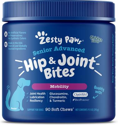 Show full view: Zesty Paws Wild Alaskan Salmon Oil Formula Liquid Skin & Coat Supplement, 32-oz bottle + Advanced Mobility Bites Chicken Flavored Soft Chews Glucosamine Hip & Joint Supplement for Senior Dogs, 90 count slide 6 of 9