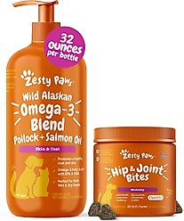 Zesty Paws Wild Alaskan Salmon Oil Formula Liquid Skin & Coat Supplement, 32-oz bottle + Hip & Joint Mobility Bites Duck Flavored Soft Chews Glucosamine Supplement for Dogs, 90 count