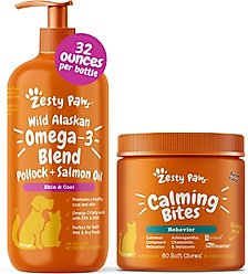 Zesty Paws Wild Alaskan Salmon Oil Formula Liquid Skin & Coat Supplement, 32-oz bottle + Calming Bites Bacon Flavored Soft Chews Supplement for Cats, 60 count