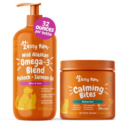 Show full view: Zesty Paws Wild Alaskan Salmon Oil Formula Liquid Skin & Coat Supplement, 32-oz bottle + Calming Bites Bacon Flavored Soft Chews Supplement for Cats, 60 count slide 1 of 9