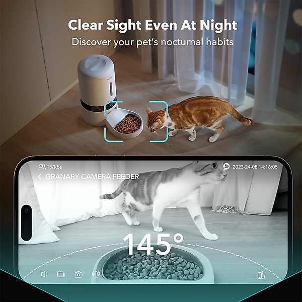 Show full view: Petlibro Granary Automatic Dog & Cat Camera Feeder + 3 Pet Food Desiccant Bags, 5-L, White slide 4 of 7