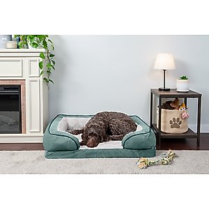 FurHaven Velvet Waves Perfect Comfort Cooling Gel Bolster Cat & Dog Bed with Removable Cover, Celadon Green, Large