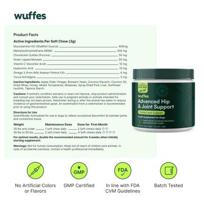 Show full view: Wuffes Advanced Hip & Joint Supplement with Glucosamine & Chondroitin Bundle for Small & Medium Breed Dogs, 60 count & Large Breed Dogs, 30 count slide 8 of 8