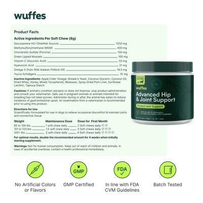 Show full view: Wuffes Advanced Hip & Joint Supplement with Glucosamine & Chondroitin Bundle for Small & Medium Breed Dogs, 60 count & Large Breed Dogs, 30 count slide 7 of 8