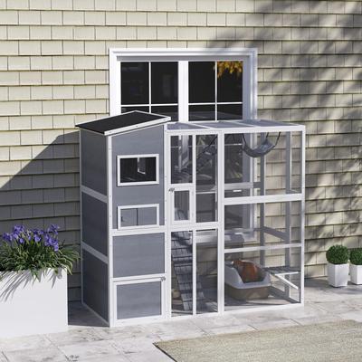 Show full view: PawHut Catio Wooden Outdoor Cat Enclosure, Gray slide 2 of 9