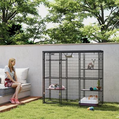 Show full view: PawHut Weld Wire Catio Outdoor/Indoor Cat Enclosure with Hammock, Black slide 9 of 11