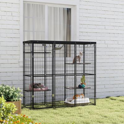 Show full view: PawHut Weld Wire Catio Outdoor/Indoor Cat Enclosure with Hammock, Black slide 8 of 11