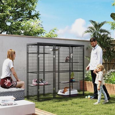 Show full view: PawHut Weld Wire Catio Outdoor/Indoor Cat Enclosure with Hammock, Black slide 3 of 11