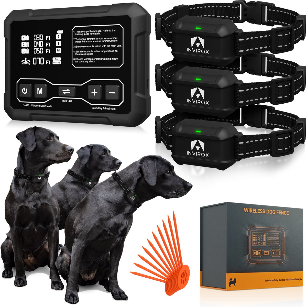 INVIROX Radar Wireless Fence Dog Collar, Black, 3 count