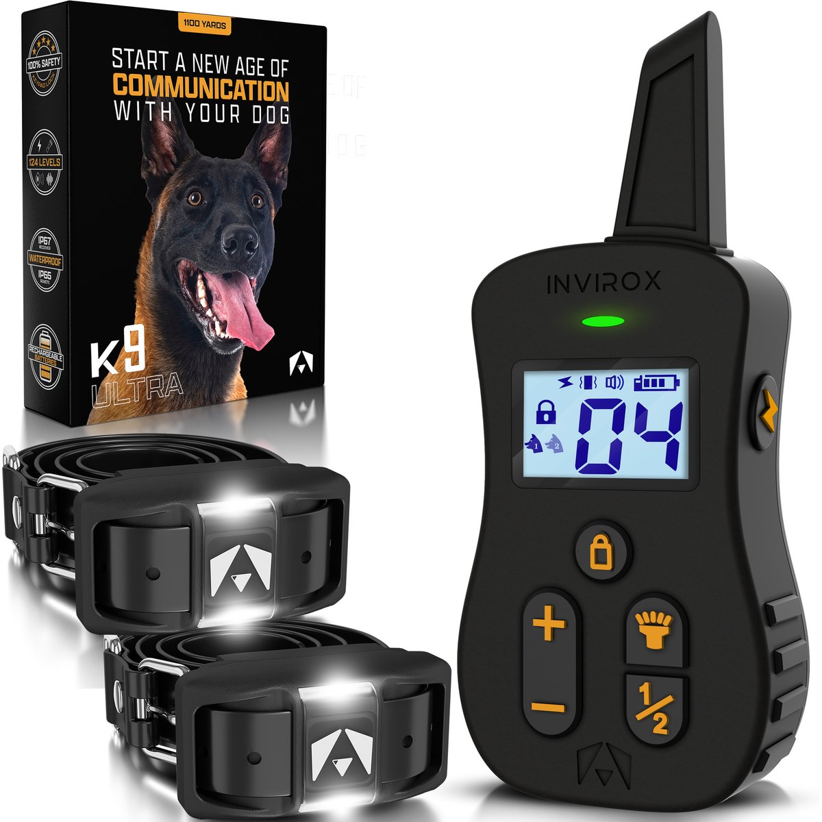 INVIROX Ultra K9 Waterproof Large Breed Dog Training Collar, Black, 2 count