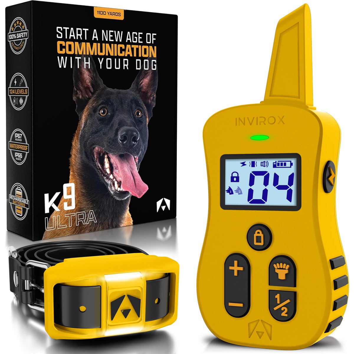 INVIROX Ultra K9 Waterproof Large Breed Dog Training Collar, Yellow, 1 count