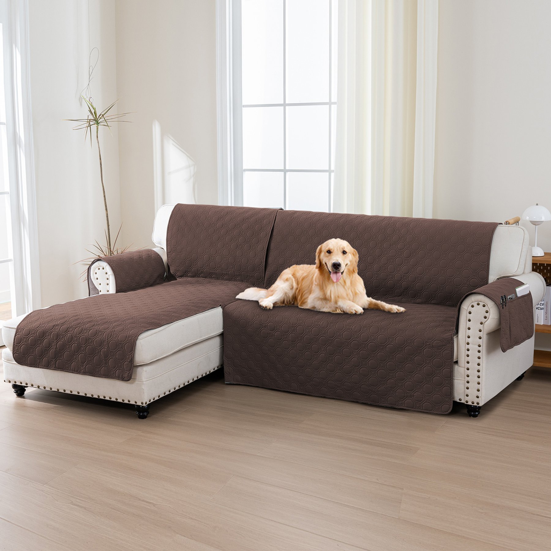 H. VERSAILTEX Waterproof Dog Sofa Slipcover, Brown, Left Chaise + 3 Seats