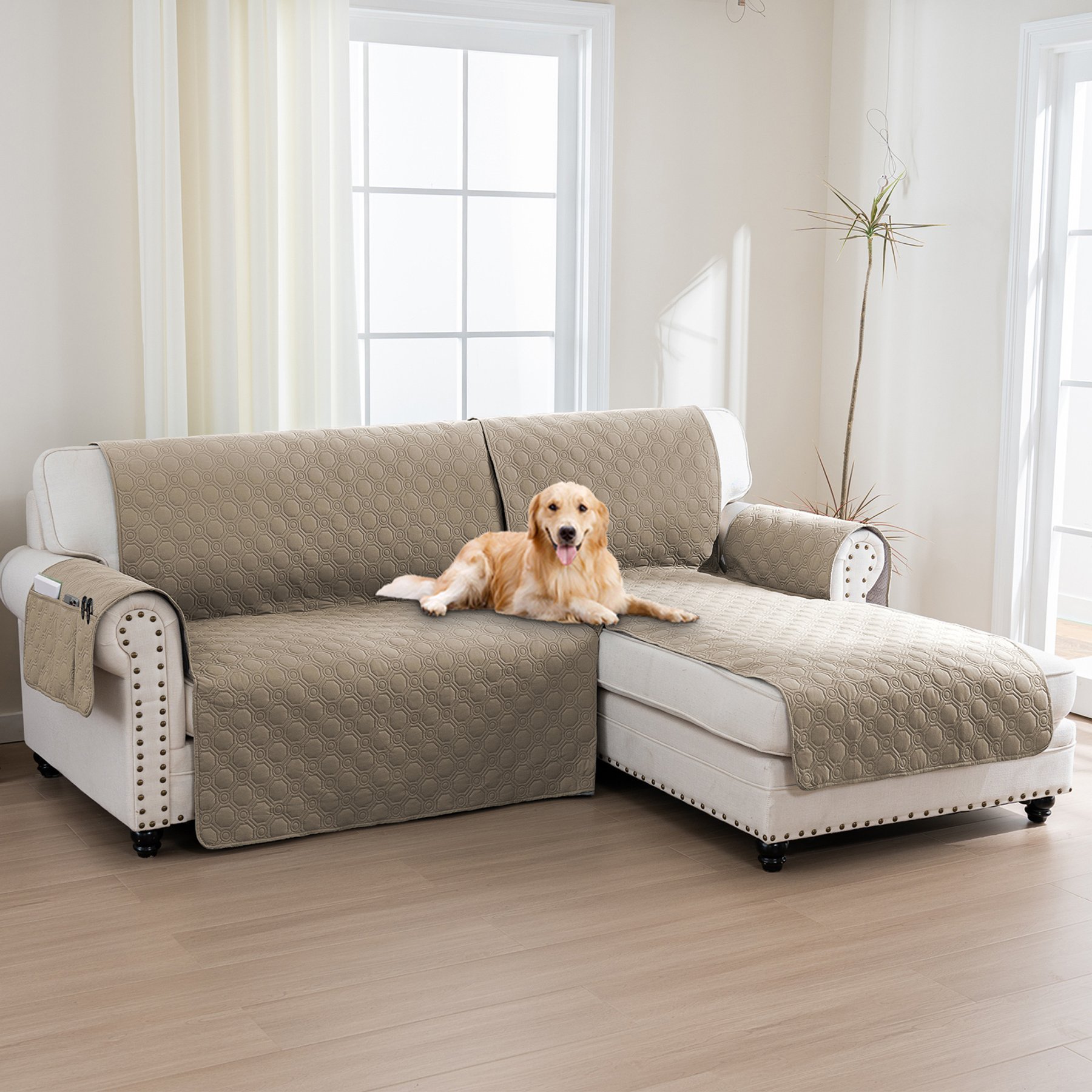 H. VERSAILTEX Waterproof Dog Sofa Slipcover, Taupe, Right Chaise + 2 Seats