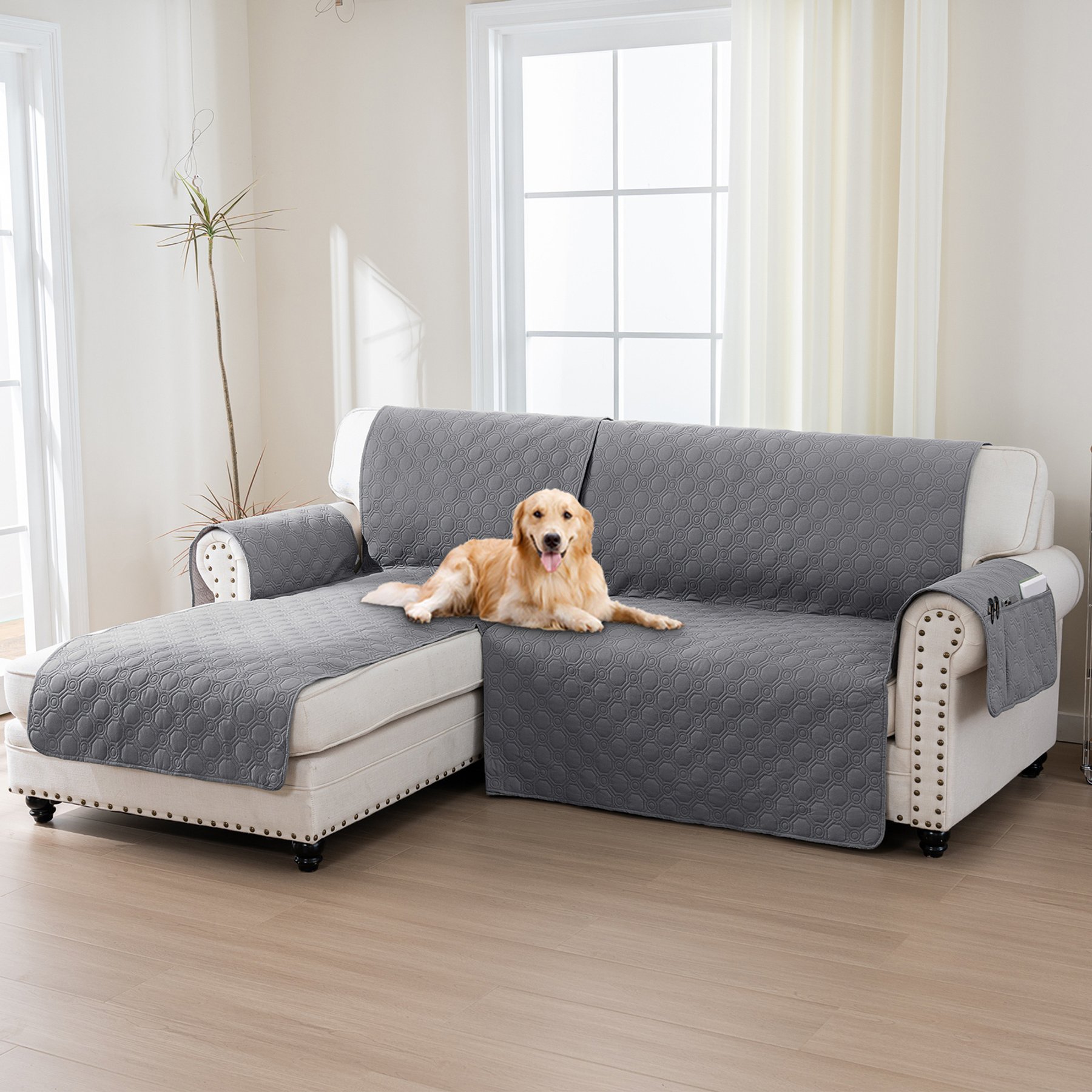 H. VERSAILTEX Waterproof Dog Sofa Slipcover, Grey, Left Chaise + 2 Seats