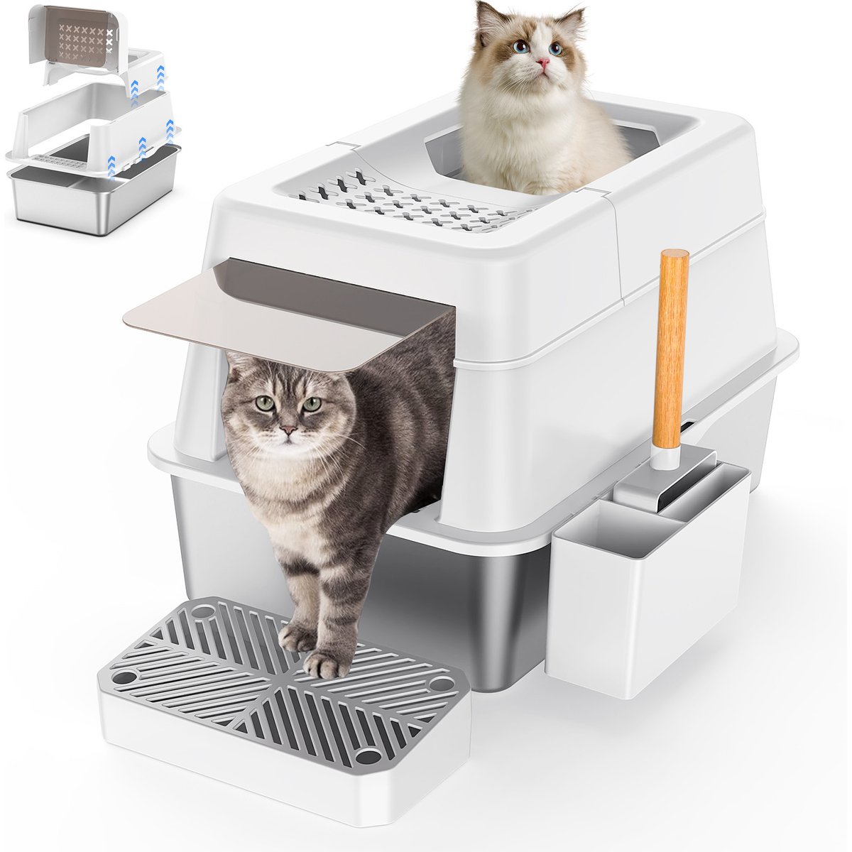 Aphyxen Stainless Steel Enclosed Cat Litter Box with Lid Modular Design with Scoop, X-Large, White