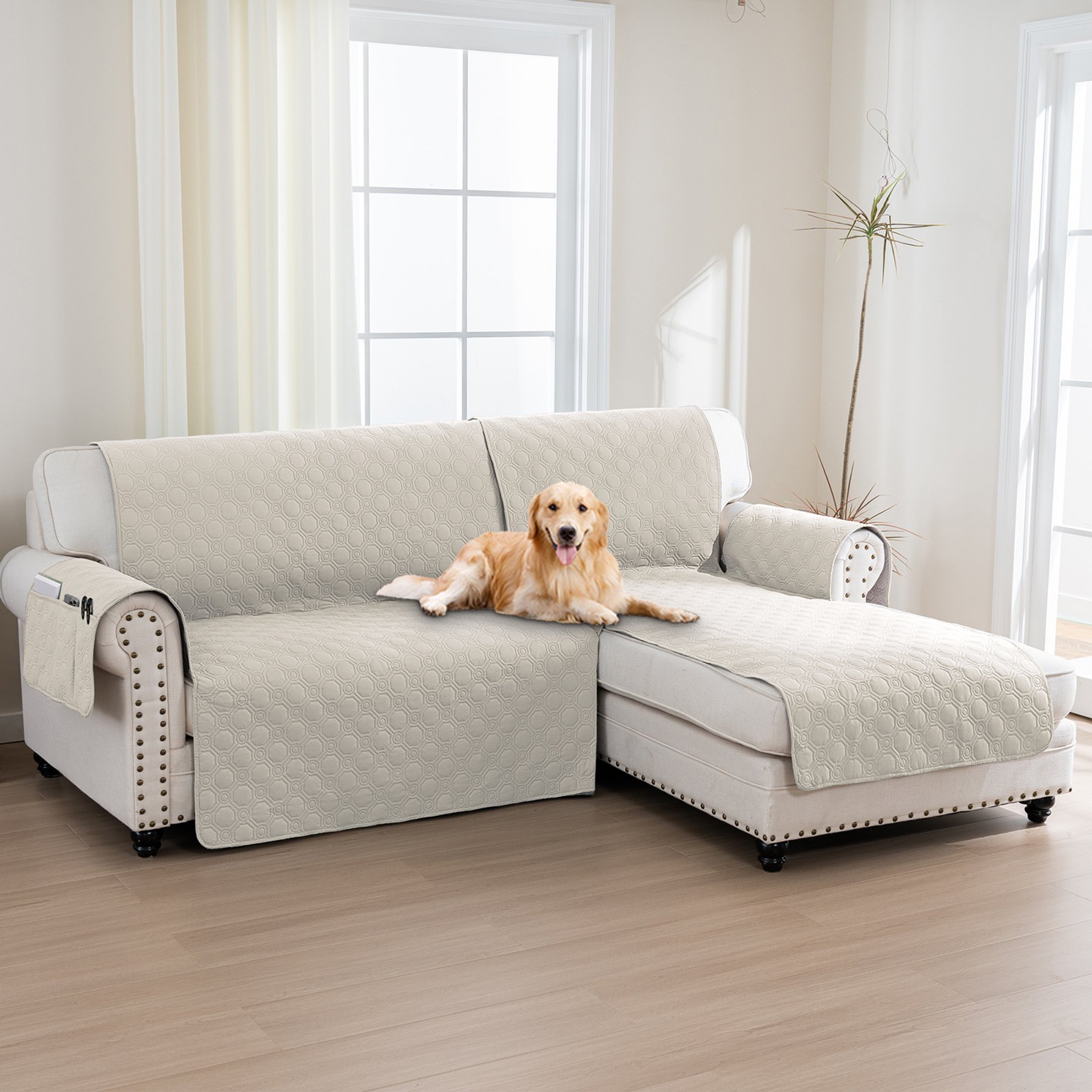 H. VERSAILTEX Waterproof Dog Sofa Slipcover, French Oak, Right Chaise + 2 Seats