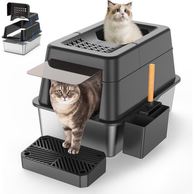 Aphyxen Aphyxen Stainless Steel Enclosed Cat Litter Box with Lid Modular Design with Scoop, X-Large, Black