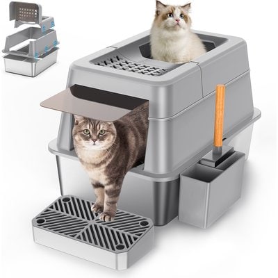 Aphyxen Aphyxen Stainless Steel Enclosed Cat Litter Box with Lid Modular Design with Scoop, X-Large, Grey