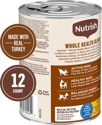 Show full view: Nutrish Whole Health Blend Chunks in Gravy Turkey, Brown Rice, Peas & Carrots Canned Dog Food, 13-oz can, case of 12 slide 3 of 12