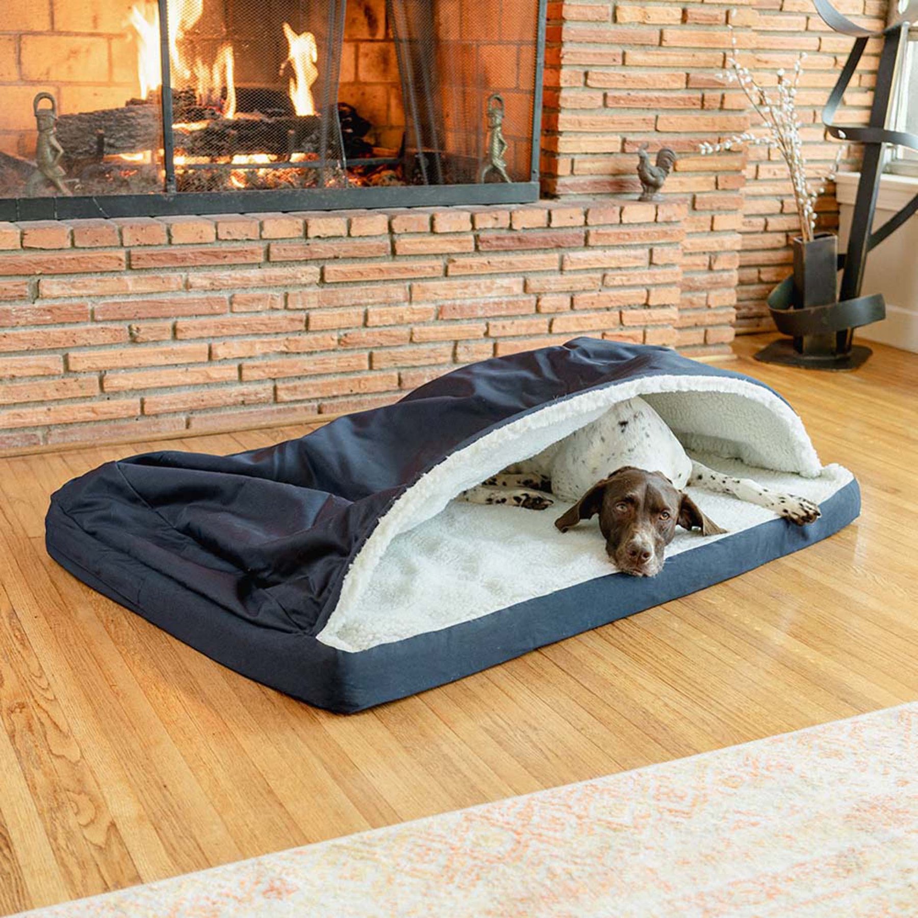 Snoozer Pet Products Forgiveness Rectangle Cozy Cave Covered Dog Bed with Removable Cover, Navy, Medium