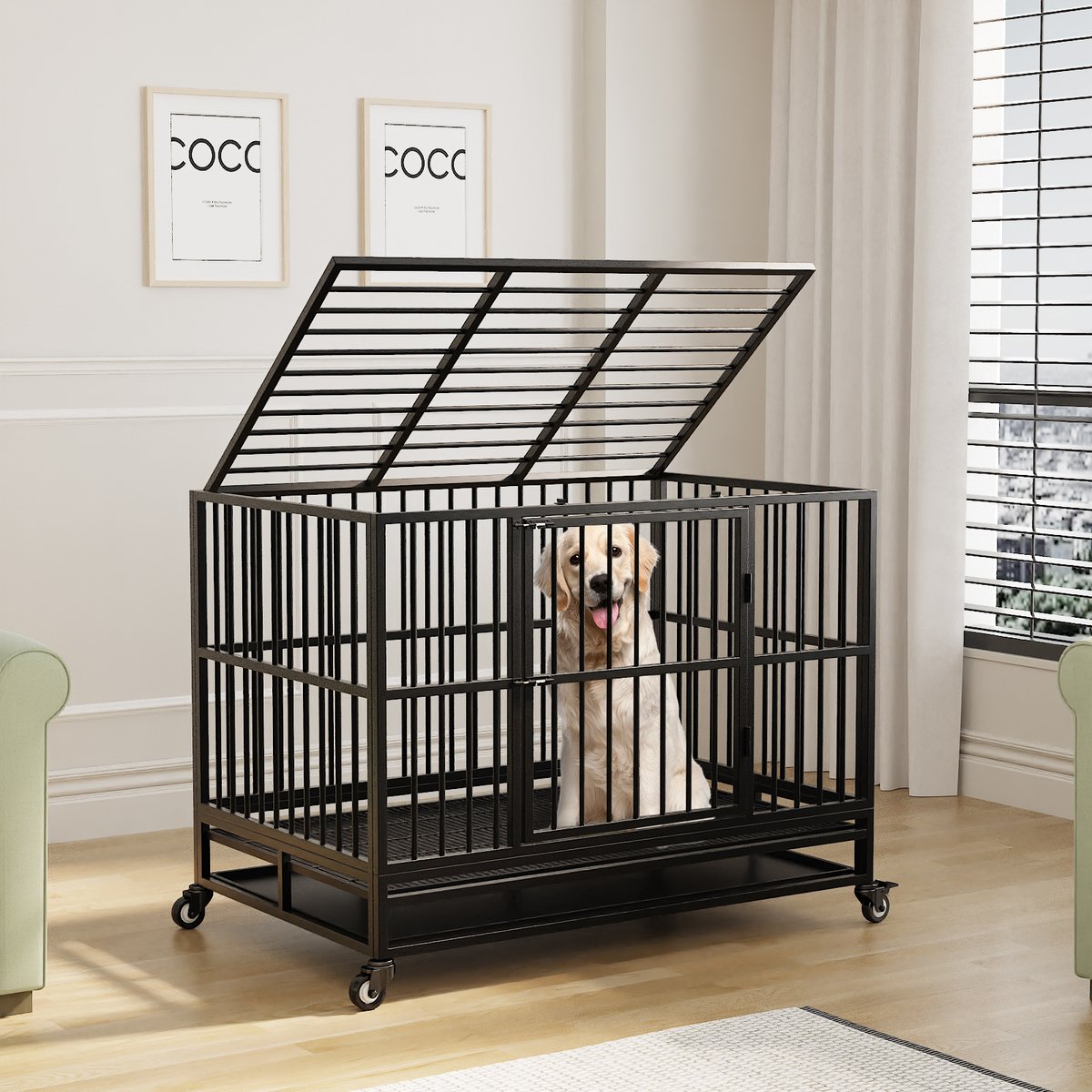 RYPetmia Rolling Dog Crate, Black, 45.7 inch