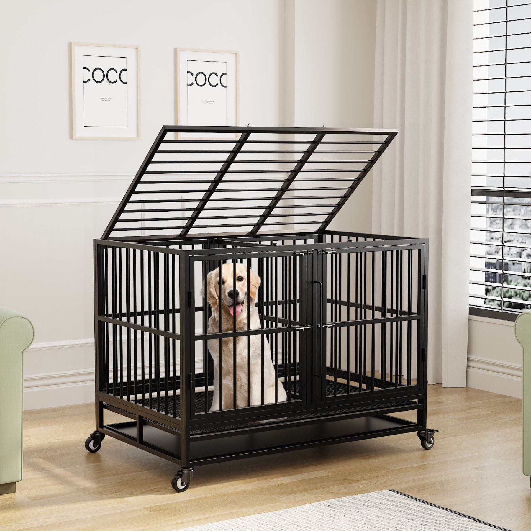RYPetmia Rolling Dog Crate with Pull Out Trays, Black, 45.7 inch
