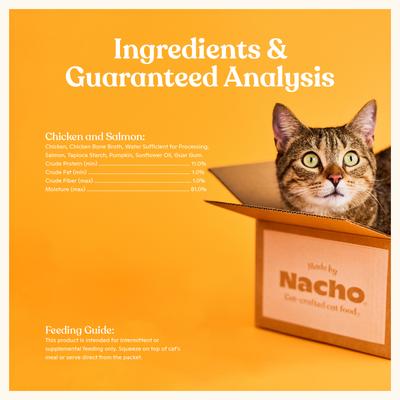 Show full view: Made by Nacho Duo Mousse Chicken & Salmon Recipe Grain-Free Lickable Cat Treat, 0.5-oz tube, 12 count slide 7 of 8