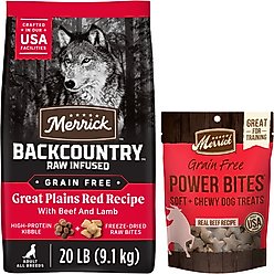 Merrick Backcountry Raw Infused Grain-Free Dry Food Great Plains Red Recipe + Power Bites Real Texas Beef Recipe Grain-Free Soft & Chewy Dog Treats