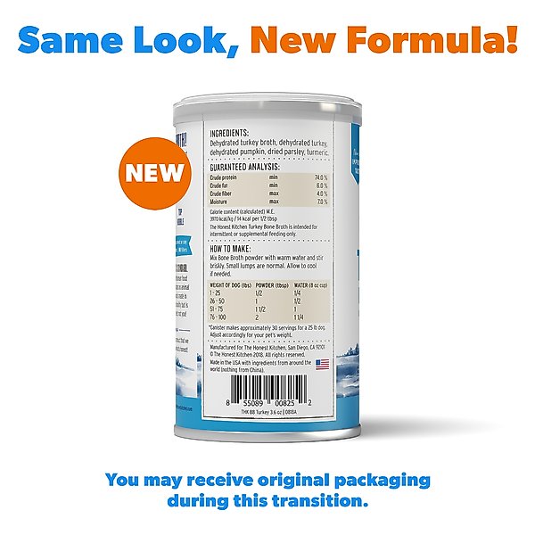 Show full view: The Honest Kitchen Daily Boosters Turkey Bone Broth with Turmeric for Dogs, 3.6-oz jar slide 3 of 12