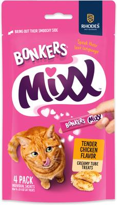 Show full view: Bonkers Mixx Tender Chicken Flavor Grain-Free Lickable Treats, 0.4-oz pouch, 4 count + Salmon Grain-Free Lickable Treats, 0.4-oz pouch, 4 count + Tuna Grain-Free Lickable Cat Treats, 1.94-oz bag, 4 count slide 2 of 9