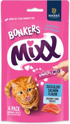 Show full view: Bonkers Mixx Tender Chicken Flavor Grain-Free Lickable Treats, 0.4-oz pouch, 4 count + Salmon Grain-Free Lickable Treats, 0.4-oz pouch, 4 count + Tuna Grain-Free Lickable Cat Treats, 1.94-oz bag, 4 count slide 5 of 9