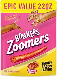 Bonkers Zoomers Grain-Free Dry-Smoky Bacon Adult Crunchy Dog Treats, 22-oz tub