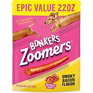 Bonkers Zoomers Grain-Free Dry-Smoky Bacon Adult Crunchy Dog Treats, 22-oz tub
