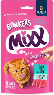 Show full view: Bonkers Mixx Tender Chicken Flavor Grain-Free Lickable Treats, 0.4-oz pouch, 4 count + Salmon Grain-Free Lickable Treats, 0.4-oz pouch, 4 count + Tuna Grain-Free Lickable Cat Treats, 1.94-oz bag, 4 count slide 8 of 9