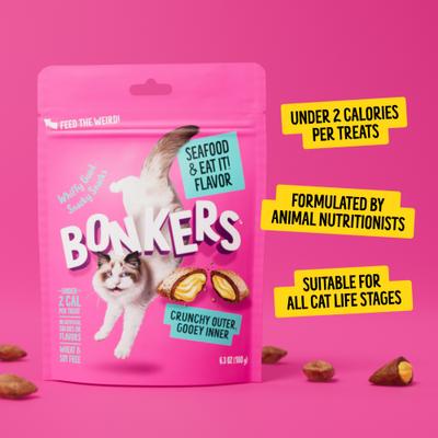 Show full view: Bonkers Cat Pillows Seafood & Eat It! Flavored Crunchy Cat Treats, 3-oz bag, 1 count slide 9 of 12