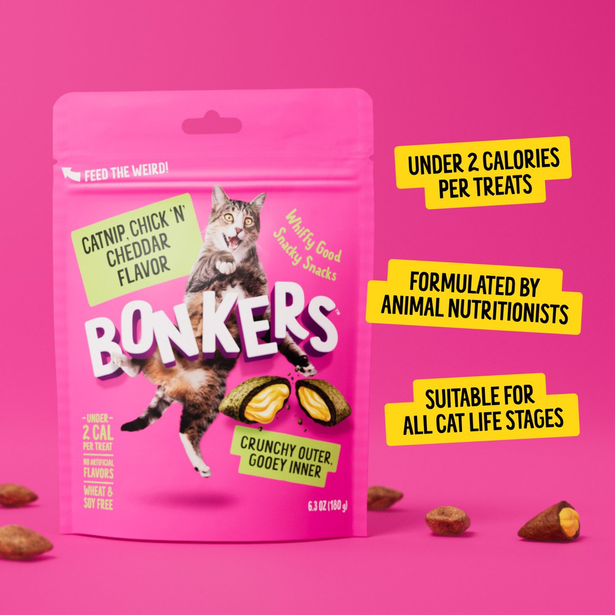 Bonkers Cat Pillows Catnip, Chick 'N & Cheddar Flavored Crunchy Cat Treats